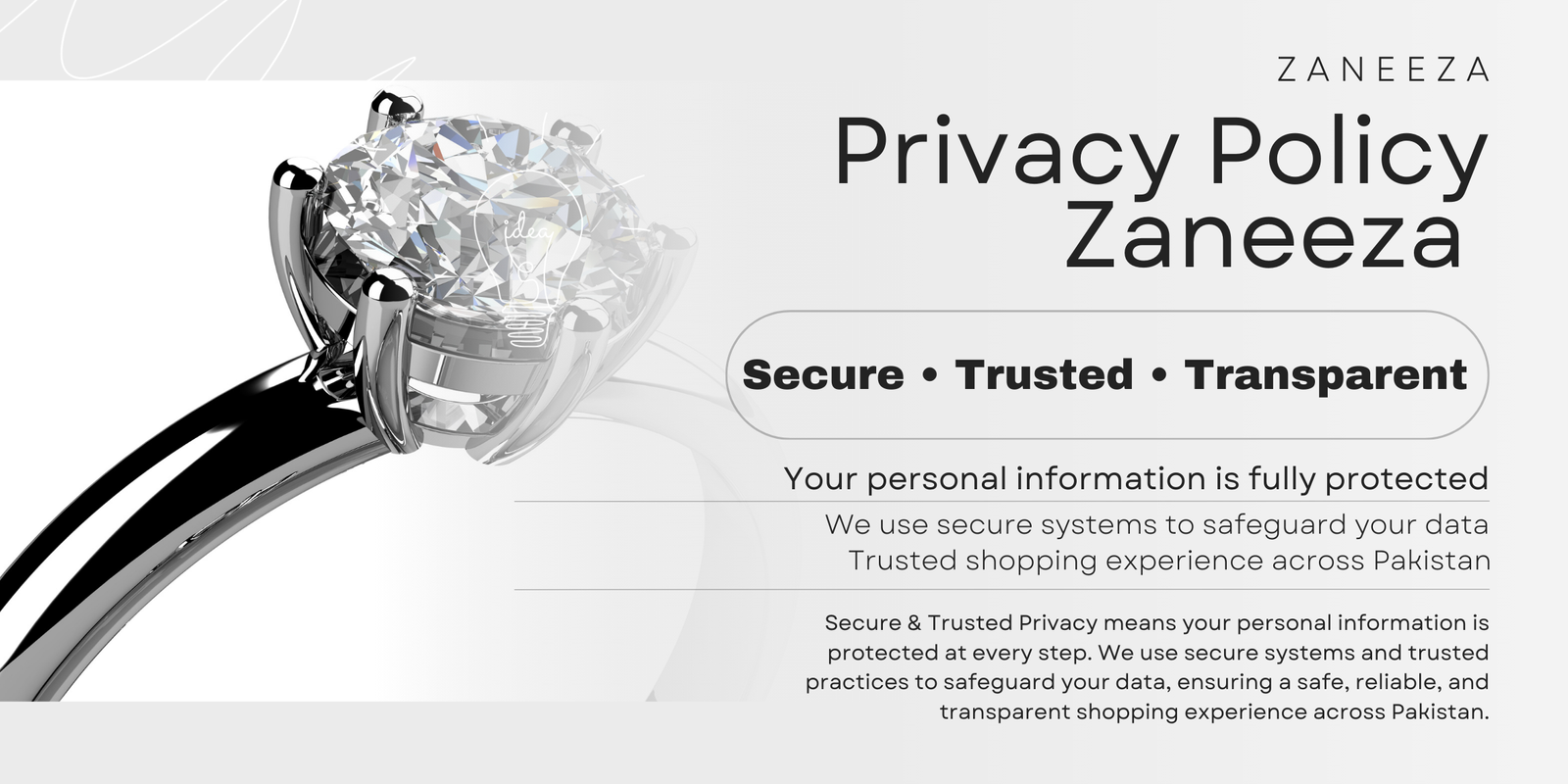 Zaneeza Jewellery Privacy Policy banner highlighting secure data protection, customer privacy commitment, and trusted online shopping in Pakistan.